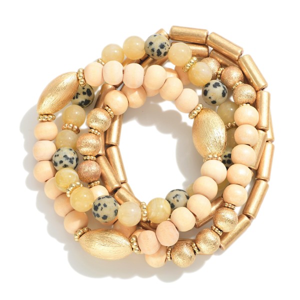 Set of 5 Beaded Stretch Bracelet Featuring Tube, Wood and Gold Accents 

- Approximately 2.5" Diameter 