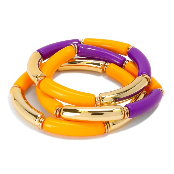 Stretch Bracelet Set Featuring Purple, Gold and Orange Tube Beads 

- Approximately 2.5" L 