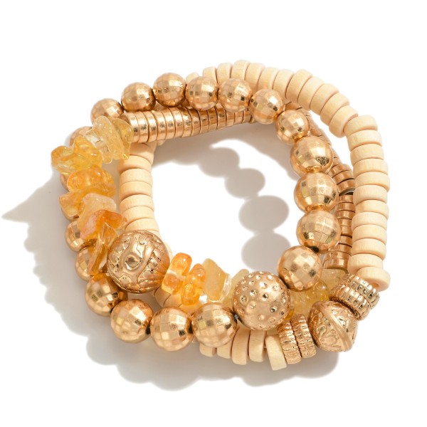 Set of Three Beaded Stretch Bracelet Featuring Stone, Gold Disco and Ornate Beads 

- Approximately 2.5" Diameter 