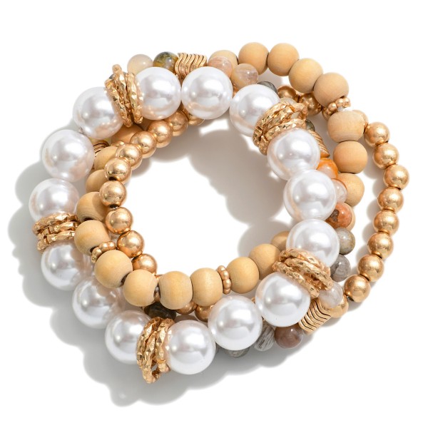 Wholesale set Four Beaded Stretch Bracelets Pearl Stone Wood Curvy Disc Beads Di