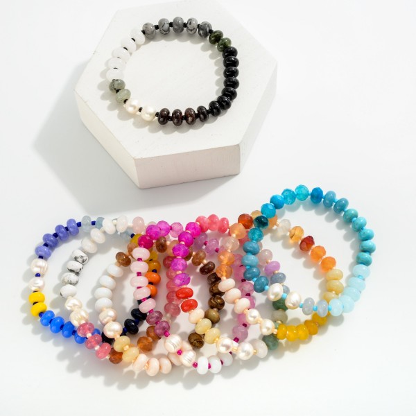 Mixed Beaded Stretch Bracelet Featuring Pearl, Stone and Faceted Beads

- Approximately 2.5" Diameter 