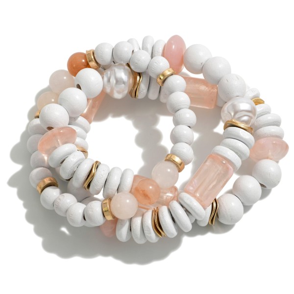 Set of 3 Beaded Stretch Bracelets Featuring Wood, Stone, and Porcelain Beads

- Approximately 2.5" Diameter 