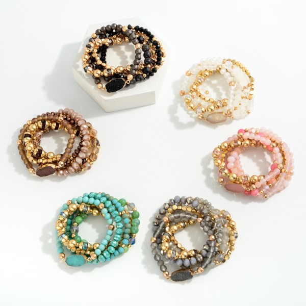 Set of 6 Beaded Stretch Bracelets Featuring Crystal Station and Gold Accents

- Approximately 2.5" Diameter