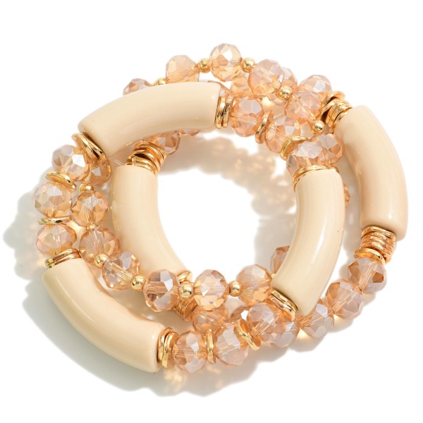 Set of Three Beaded Stretch Bracelet Featuring Glass and Lucite Tube with Accents of Gold

- Approximately 2.5" D