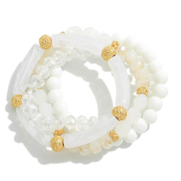 Set of Four Acrylic Tube and Glass Beaded Stretch Bracelets With Gold Tone Accents

 - Approximately 2.5" Diameter