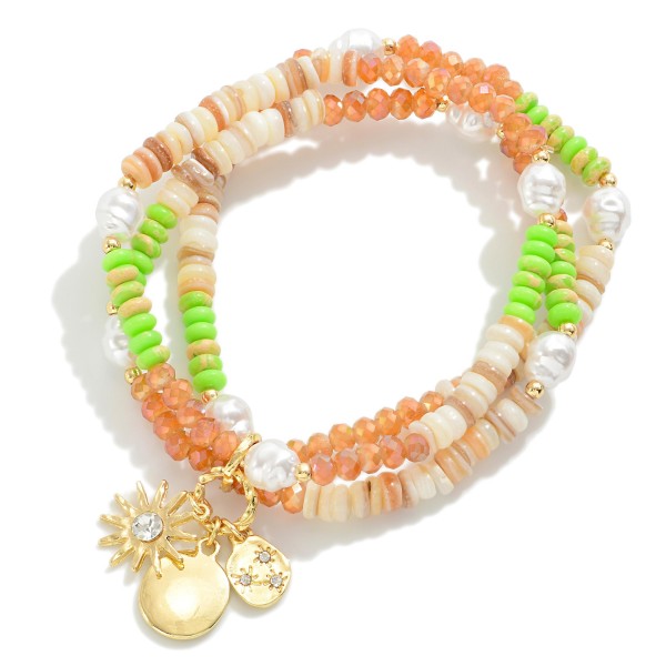 Wholesale set Three Linked Beaded Bracelets Gold Charms D