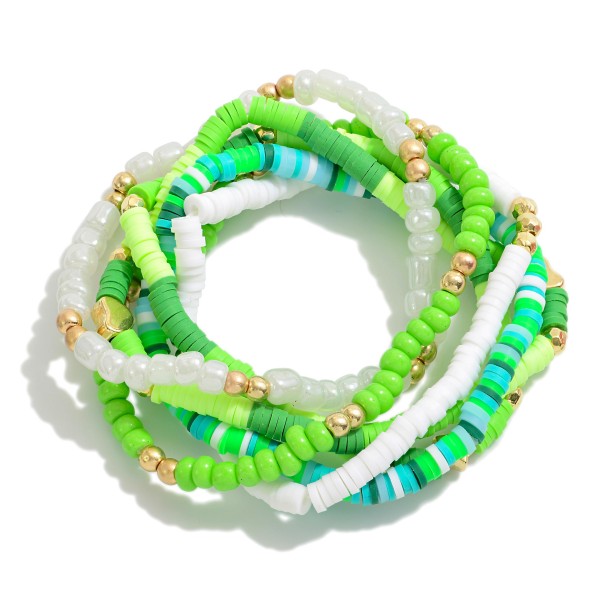 Set of Six Stretch Bracelets Featuring Glass and Heishi Beads With Heart Bead Details

- Approximately 2.5" D