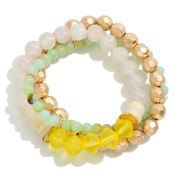 Set of Three Beaded Stretch Bracelets Featuring Semi-Precious Natural Stone Beads and Frosted Bead Accents

- Approximately 2.5" D