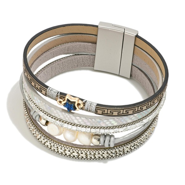 Wholesale faux Leather Multi strand Magnetic Bracelet Star Pearl Accents Magneti