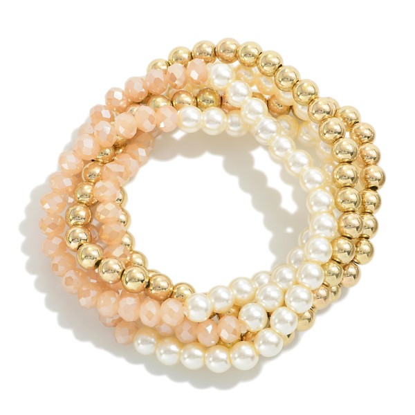 Wholesale set Five Beaded Stretch Bracelets Pearl Accents D