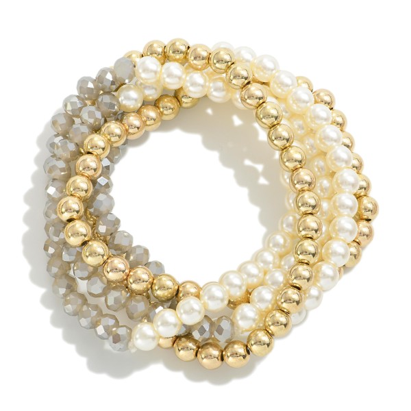 Wholesale set Five Beaded Stretch Bracelets Pearl Accents D