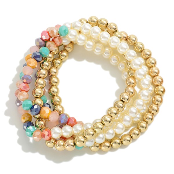 Wholesale set Five Beaded Stretch Bracelets Pearl Accents D