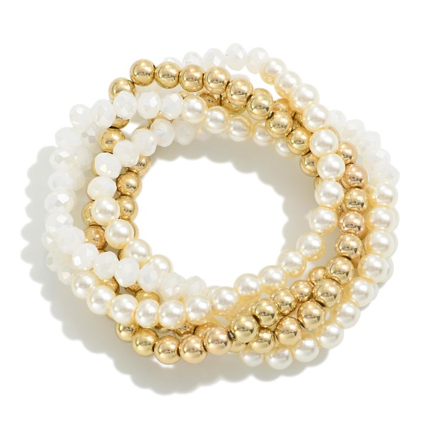 Wholesale set Five Beaded Stretch Bracelets Pearl Accents D