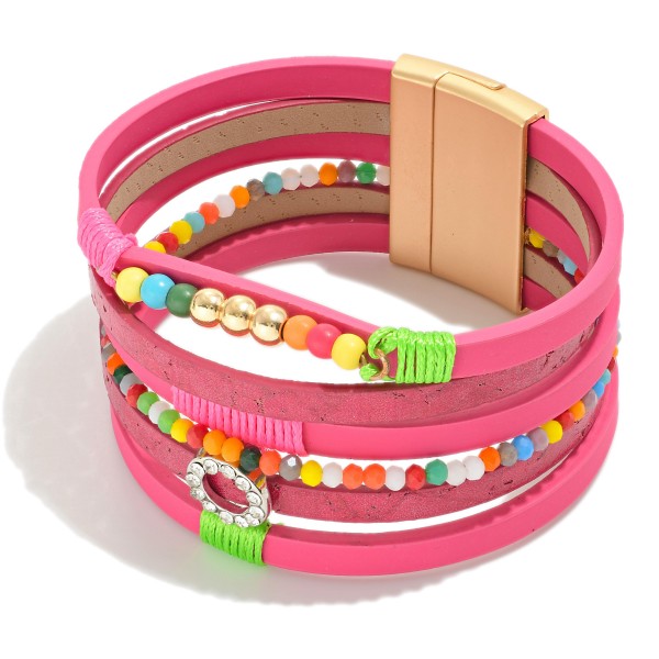 Multi-Strand Leather Bracelet With Circular Rhinestone Accent

- Approximately 7.5" L
- Magnetic Closure 