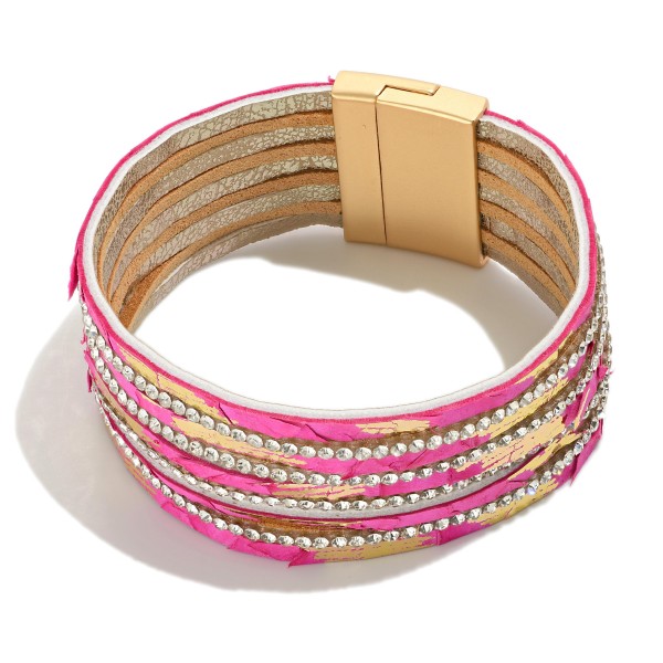 Wholesale multi Strand Leather Bracelet Rhinestone Details L Magnetic Closure