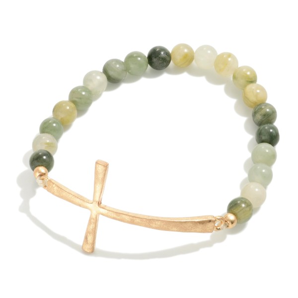 Semi-Precious Stone Beaded Stretch Bracelet With Cross 

- Approximately 2.5" D