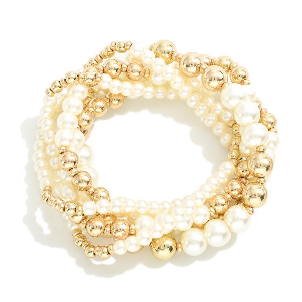 Wholesale set Five Metal Beaded Stretch Bracelet Pearlescent Accents D