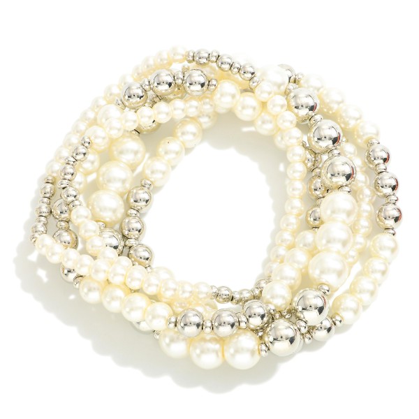 Set of Five Metal Beaded Stretch Bracelet Featuring Pearlescent  Accents

- Approximately 2.5" D