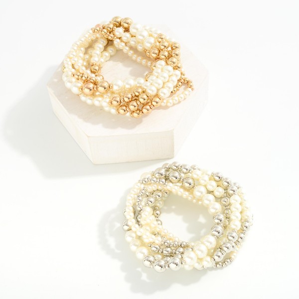 Set of Seven Tapered Pearl Beaded Stretch Bracelets 

- Approximately 2.5" D