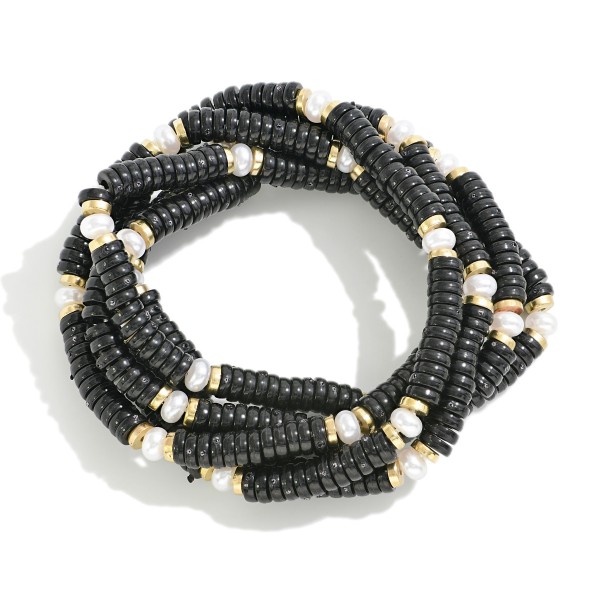 Wholesale set Five Opaque Disc Beaded Stretch Bracelets Pearl Accents D