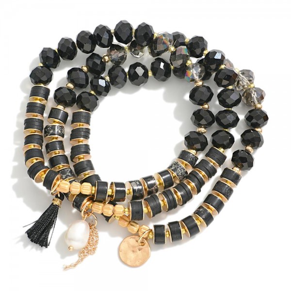 Wholesale set Three Faceted Bead Stone Stretch Bracelets Pearl Tassel Charms D