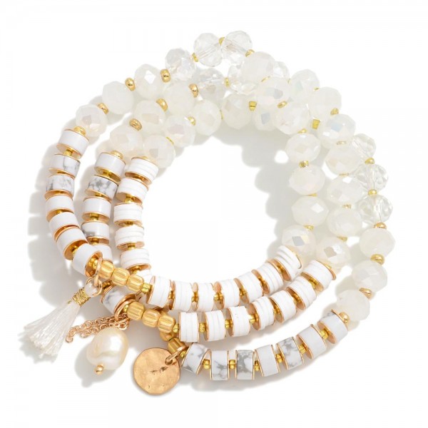 Wholesale set Three Faceted Bead Stone Stretch Bracelets Pearl Tassel Charms D