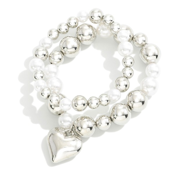 Wholesale set Two Metal Pearl Beaded Stretch Bracelets Heart Charm D