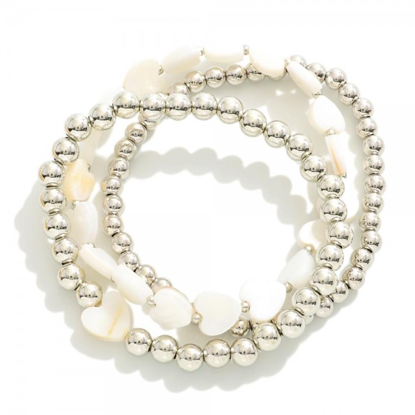 Wholesale set Three Metal Beaded Stretch Bracelets Mother Pearl Hearts D