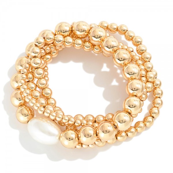 Wholesale set Five Polished Metal Beaded Bracelet Pearl Station D