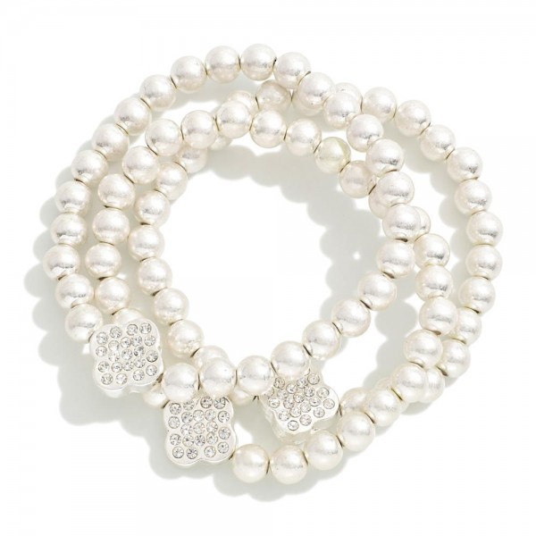 Wholesale set Three Metallic Beaded Stretch Bracelets Rhinestone Studded Clover