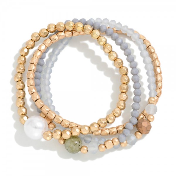 Wholesale set Four Dainty Beaded Stretch Bracelets Pearl Station D