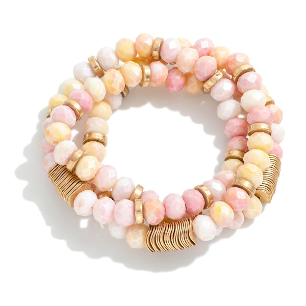 Wholesale set Three Faceted Glass Bead Stretch Bracelets Stacked Wavy Gold Disk