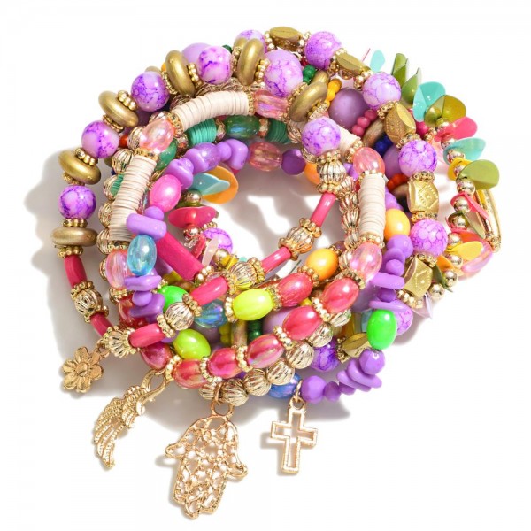 Wholesale set Eight Beaded Stretch Bracelets Gold Tones Textured Beads Cross Ham