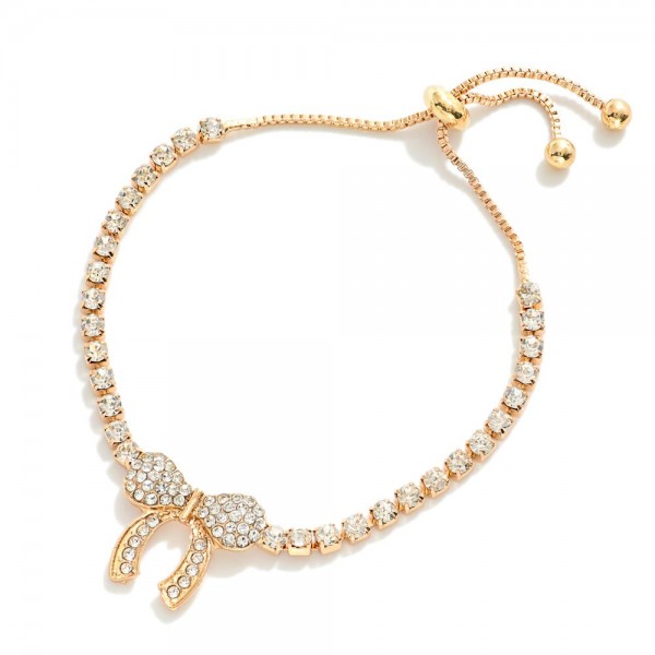 Rhinestone Studded Bracelet With Bow Station & Adjustable Chain Link Drawstring Closure 

- Approximately 3.5" D
