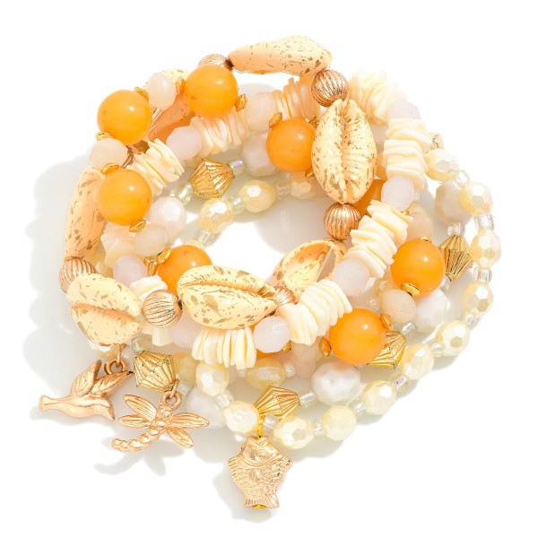 Wholesale set Six Beaded Stretch Bracelets Gold Speckled Cowrie Shells Animal Ch