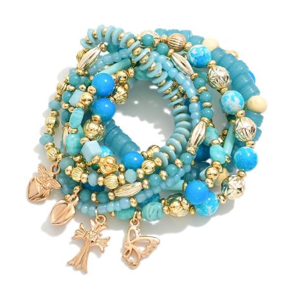 Wholesale set Eight Mixed Media Beaded Stretch Bracelets Gold Cross Butterfly Ch