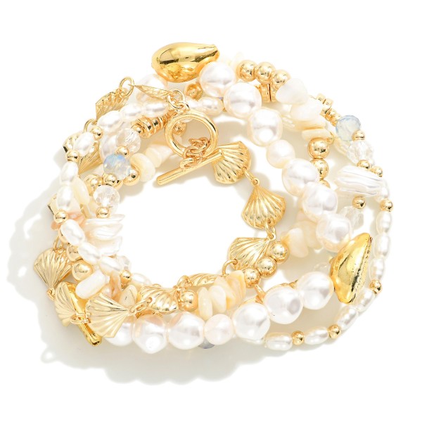Wholesale set Five Pearl Natural Stone Beaded Stretch Bracelets Metal Shell Deta