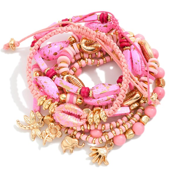 Wholesale set Nine Beaded Stretch Bracelets Gold Speckled Cowrie Shells Gold Ton