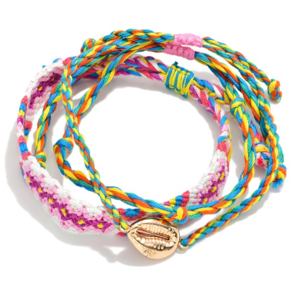 Set of Three Multi-Colored Friendship Bracelets Featuring Gold Tone Cowrie Shell Charm

- Adjustable One Size Fits Most