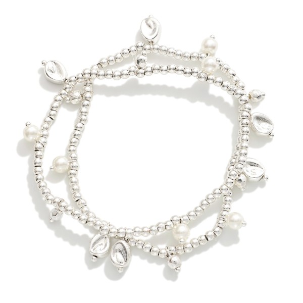 Wholesale set Two Metal Beaded Stretch Bracelets Pearl Dimpled Metal Charms D
