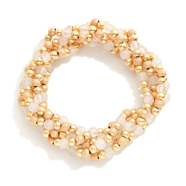 Wholesale set Five Beaded Stretch Bracelets Gold Polished Faceted Glass Beads D