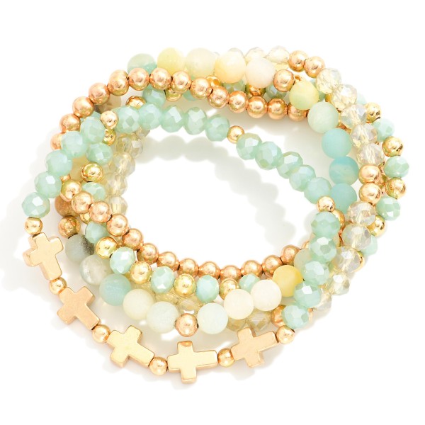 Wholesale set Five Beaded Stretch Bracelets Natural Stone Faceted Beads Gold Cro
