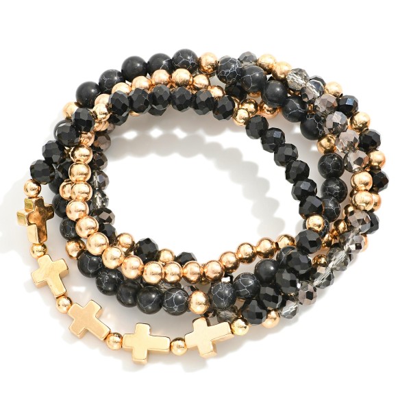 Wholesale set Five Beaded Stretch Bracelets Natural Stone Faceted Beads Gold Cro
