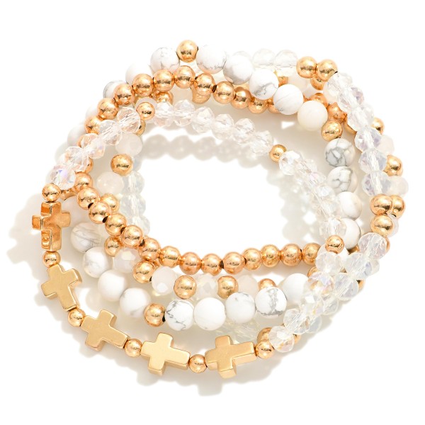 Wholesale set Five Beaded Stretch Bracelets Natural Stone Faceted Beads Gold Cro