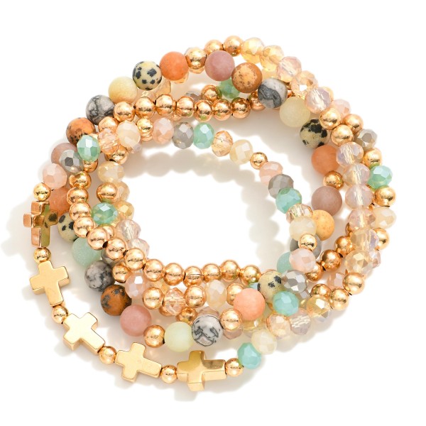 Wholesale set Five Beaded Stretch Bracelets Natural Stone Faceted Beads Gold Cro