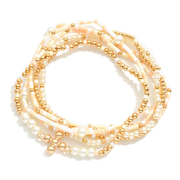 Wholesale set Six Beaded Stretch Bracelets Pearl Beads Dainty Cross Charm D