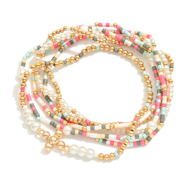 Wholesale set Six Beaded Stretch Bracelets Pearl Beads Dainty Cross Charm D