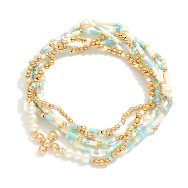 Wholesale set Six Beaded Stretch Bracelets Pearl Beads Dainty Cross Charm D
