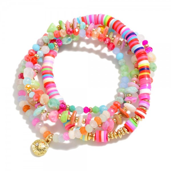 Set Of Four Beaded Stretch Bracelets Featuring Faceted, Stone, & Disc Beads

- Approximately 3.75" D