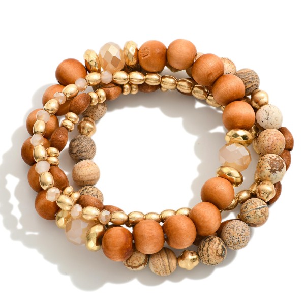 Wholesale set Four Beaded Stretch Bracelets Wood Semi Precious Natural Stone Bea